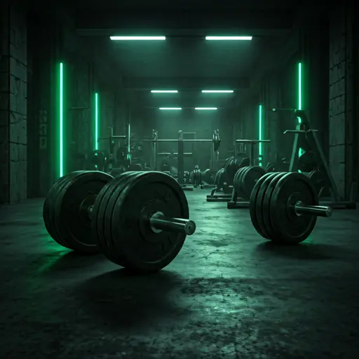 Schwere Stahlgewichte in einem dunklen, brutalistischen Gym mit Cyan-Akzenten